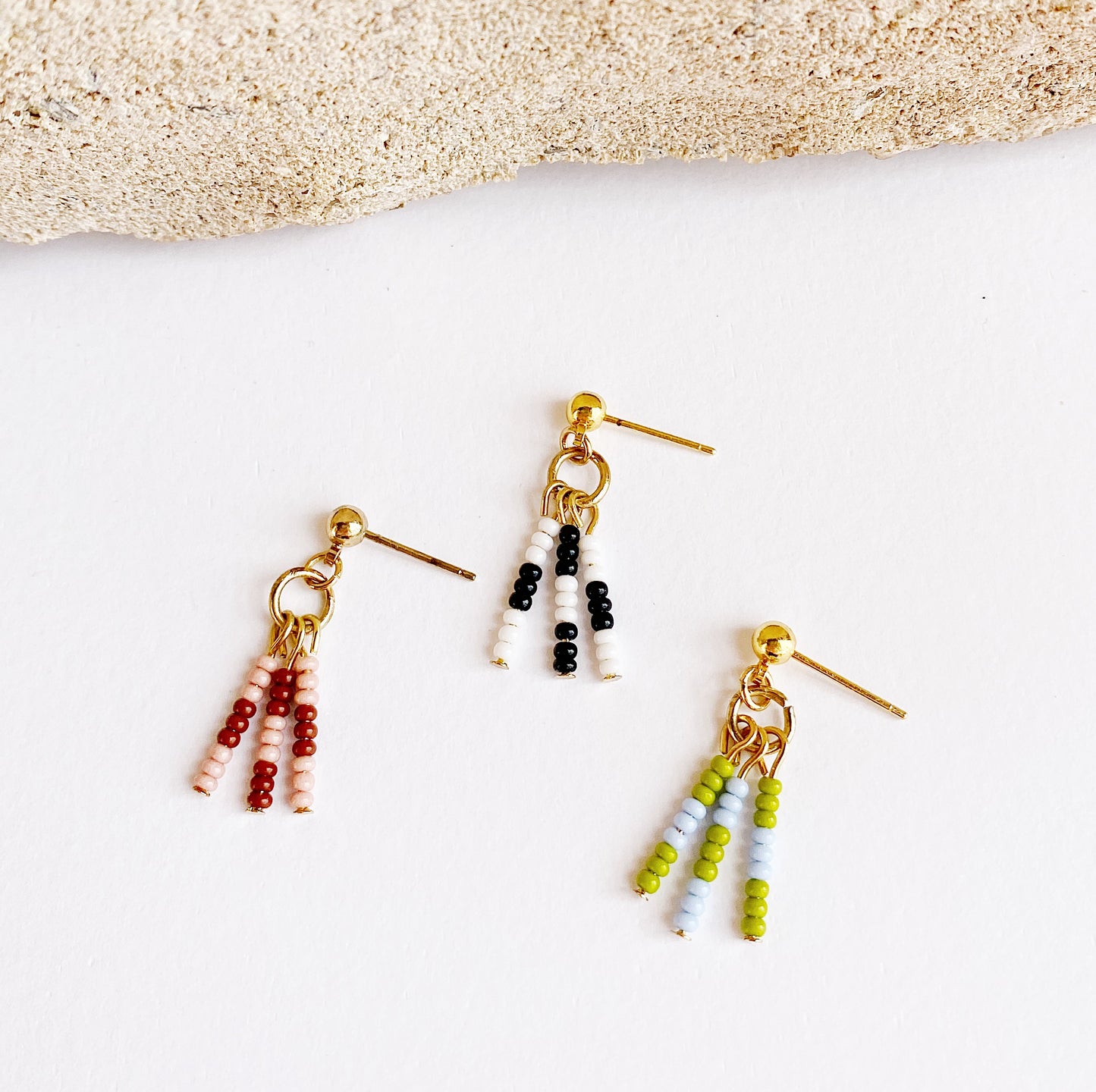 Modern Checker Beaded Fringe Gold Earrings