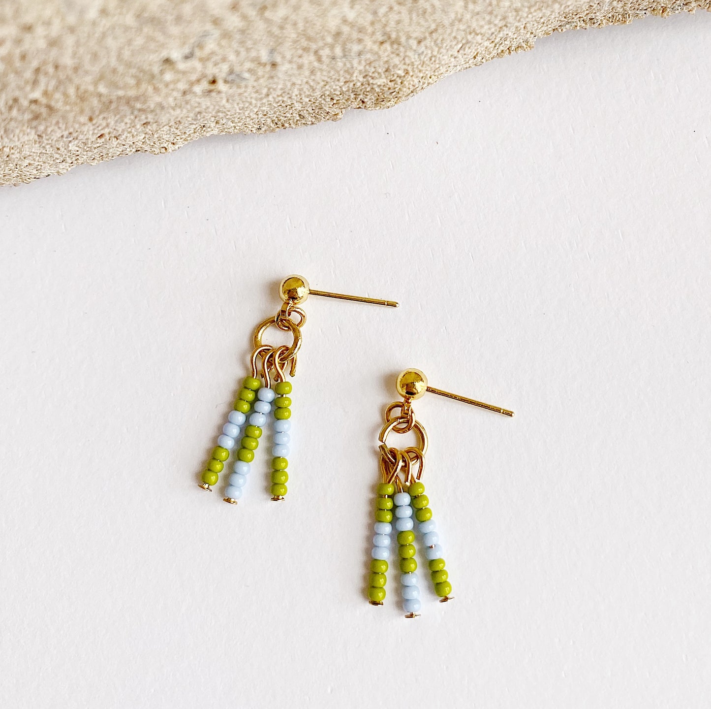 Modern Checker Beaded Fringe Gold Earrings