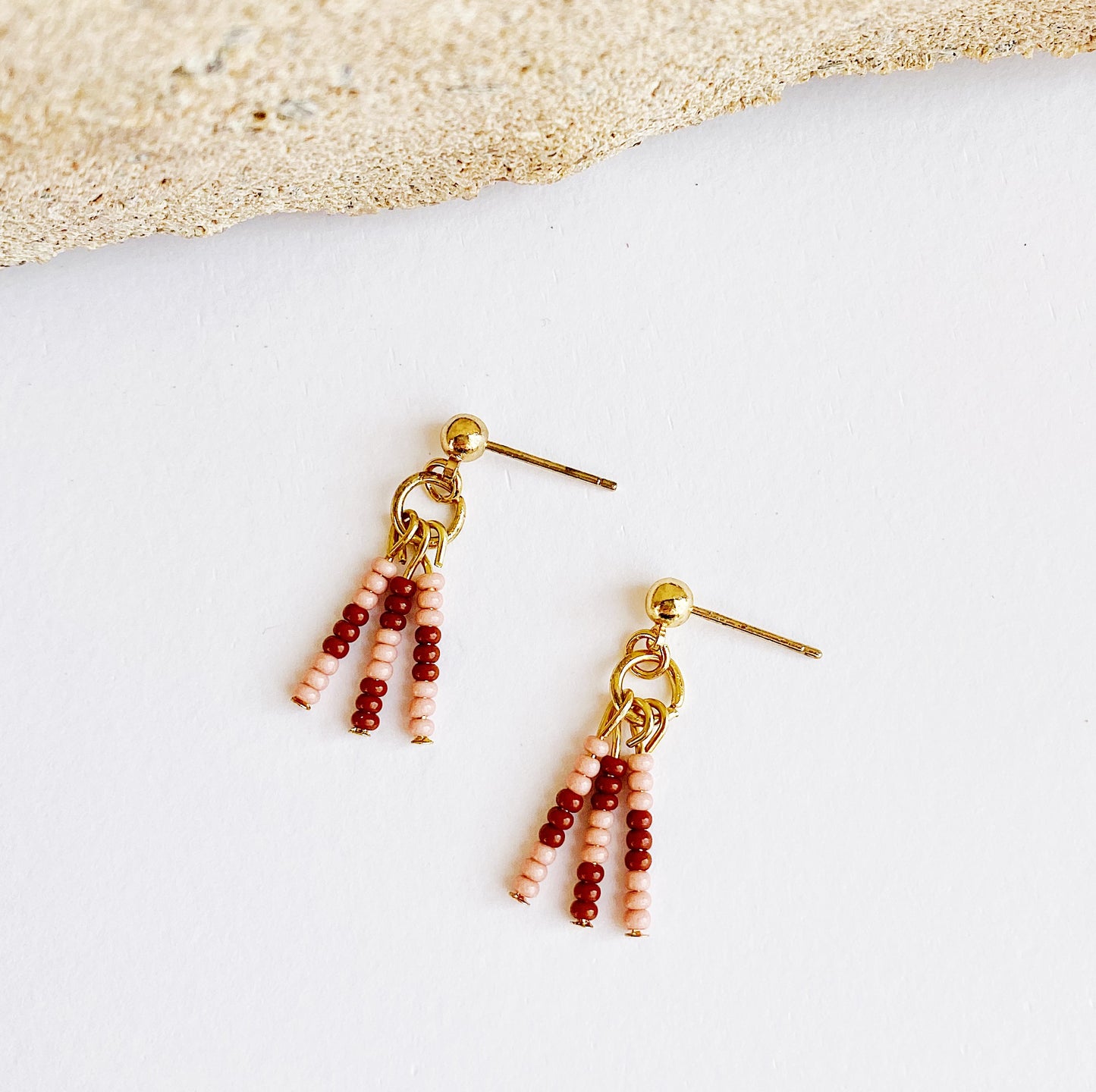 Modern Checker Beaded Fringe Gold Earrings